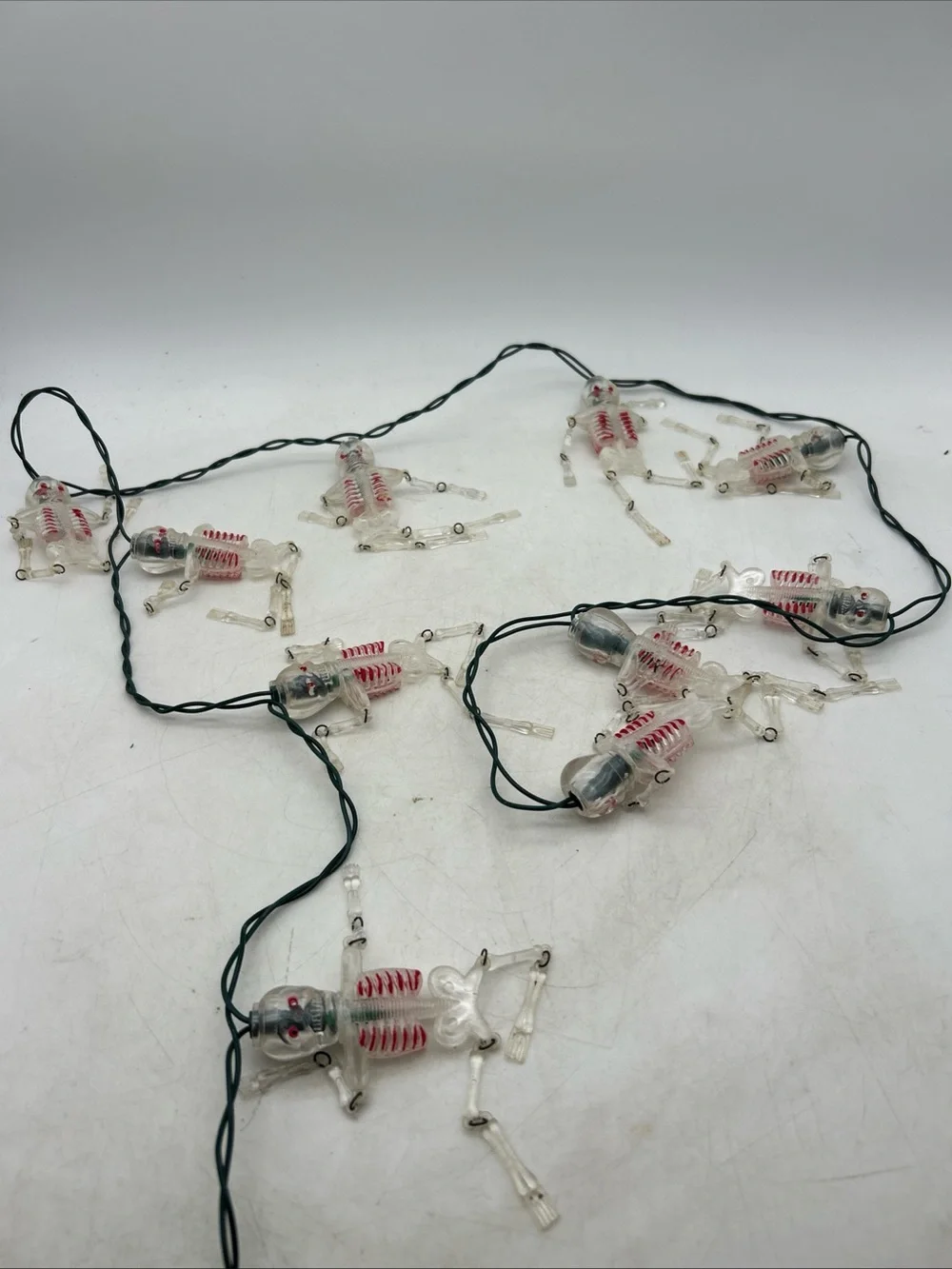 Vtg Blow Mold Halloween Skeleton String Lights Green Bulbs 9.5’(Missing 1 Arm)